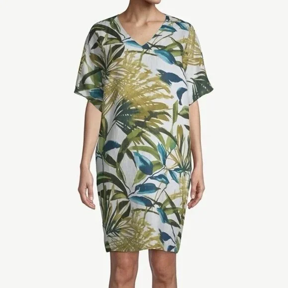 Chicos Linen Palm-Print Tunic Wedge Dress Size XS Chicos Size O